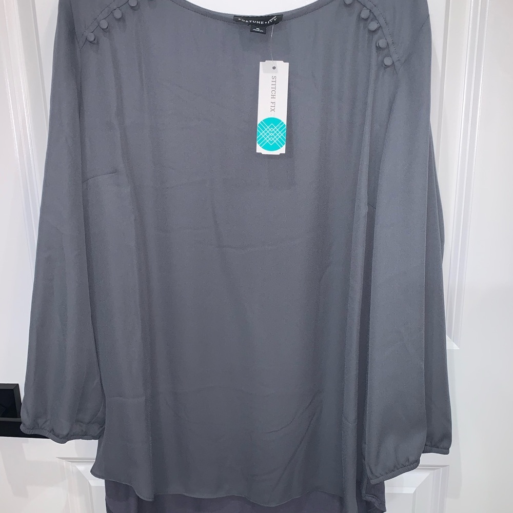 Stitch Fix Gray Long-Sleeve Pom-Trim Blouse
